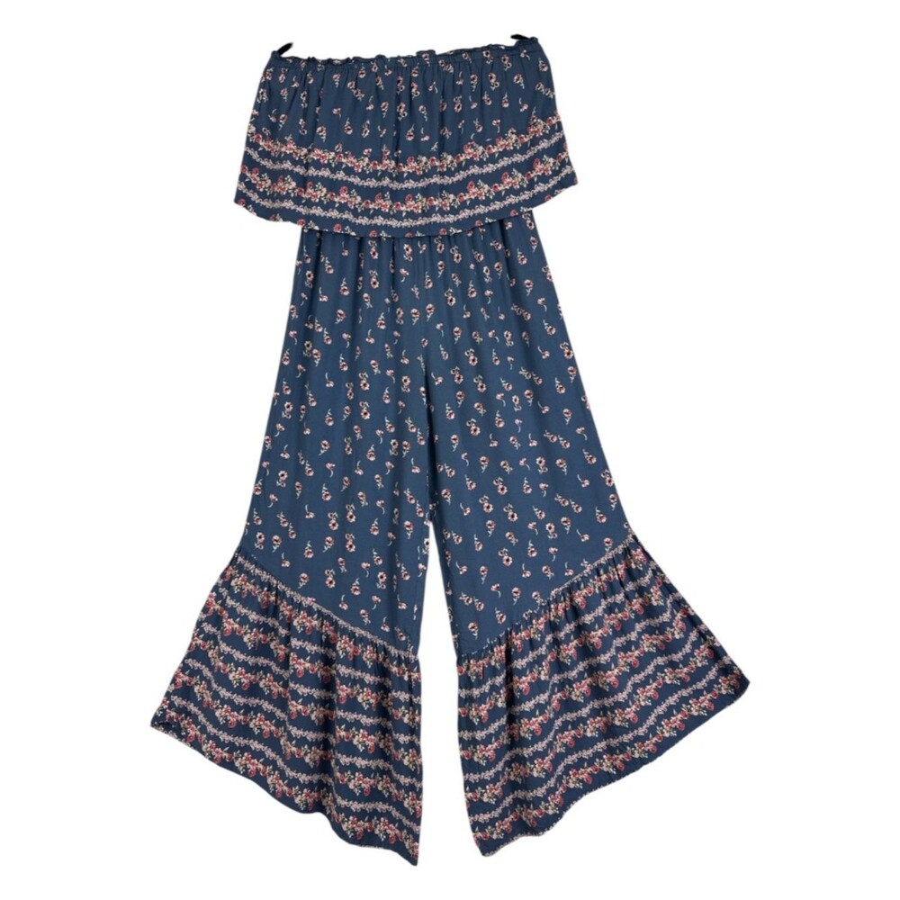 Jopana Boho Strapless Jumpsuit Rayon Floral Ruffle Wide Leg Resort Soft - Picture 2 of 7